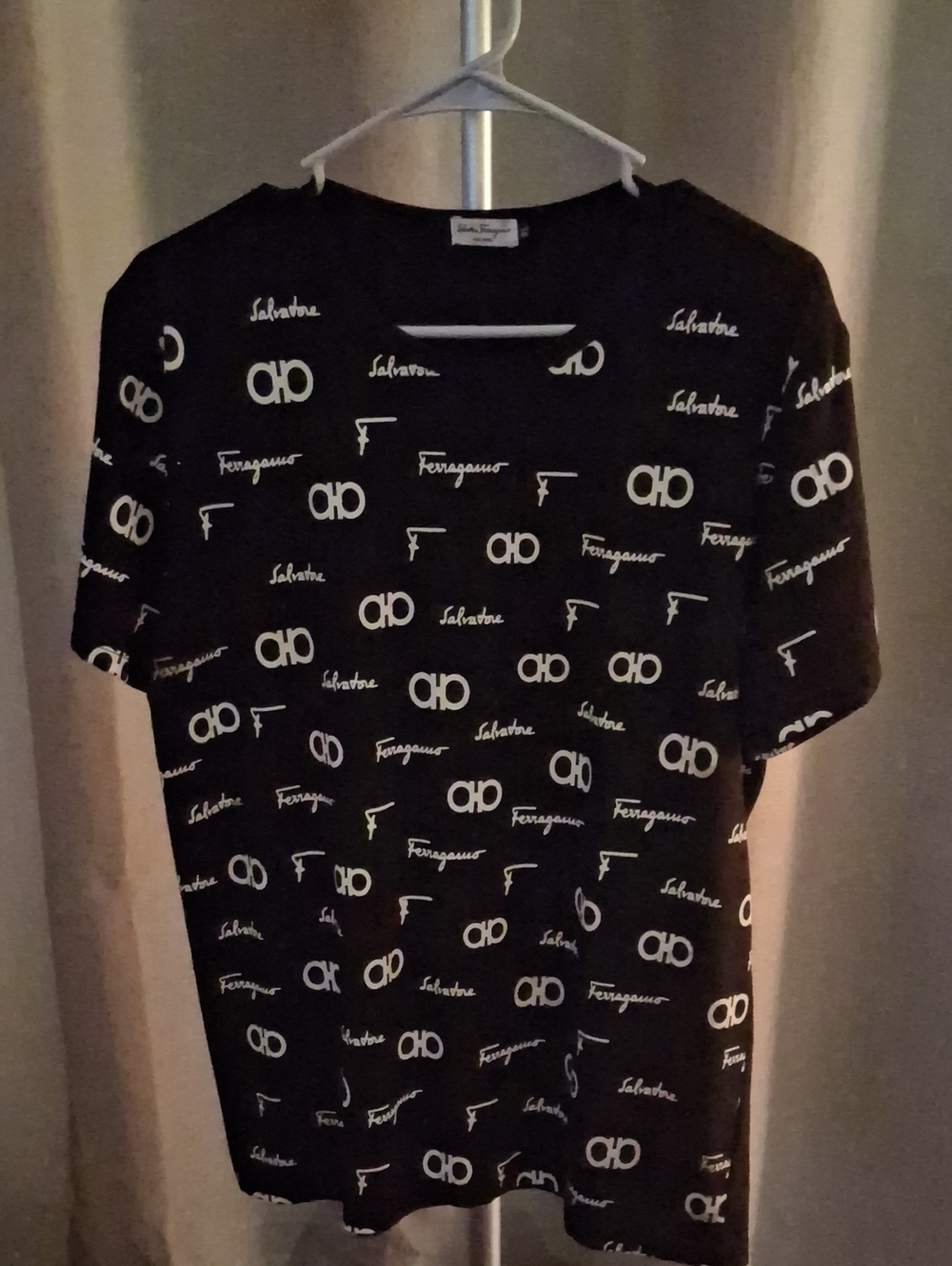 Salvatore Ferragamo Black Tee with White Logo Allover